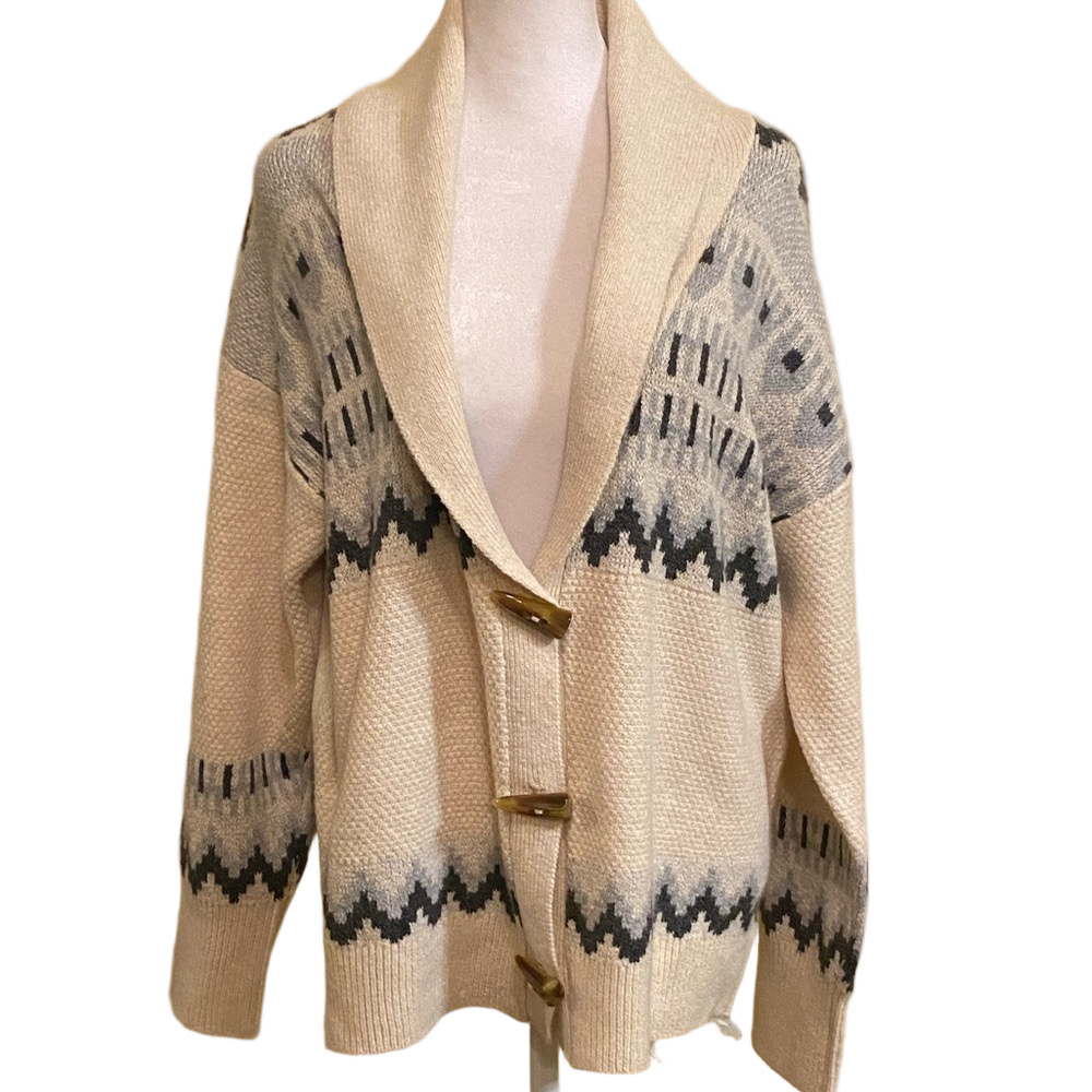 Frye Cardigan Cream and Gray Wood Toggle Buttons Large NWT